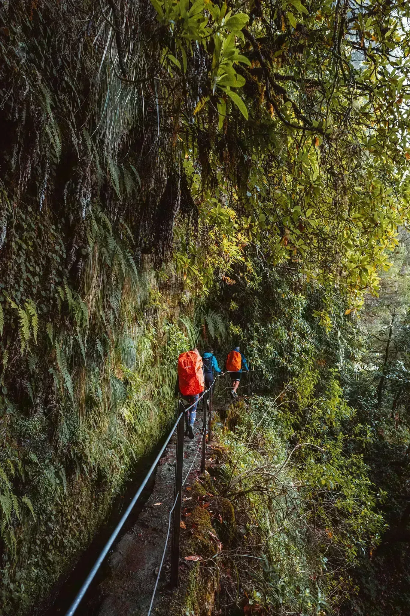 Turisté na úzké stezce podél levády ve skalní stěně