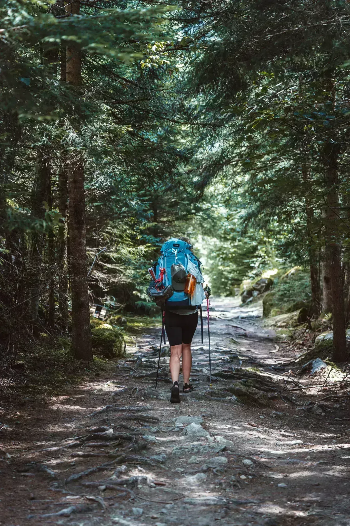 Trekařka na lesní cestě cestou do Champex Lac