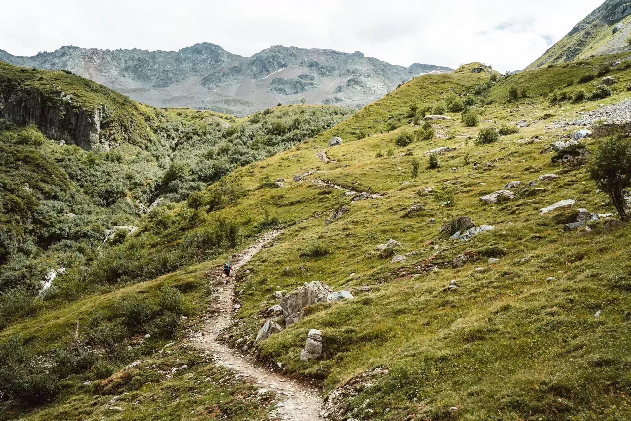 Stezka stoupající zeleným údolím k sedlu Col du Bonhomme