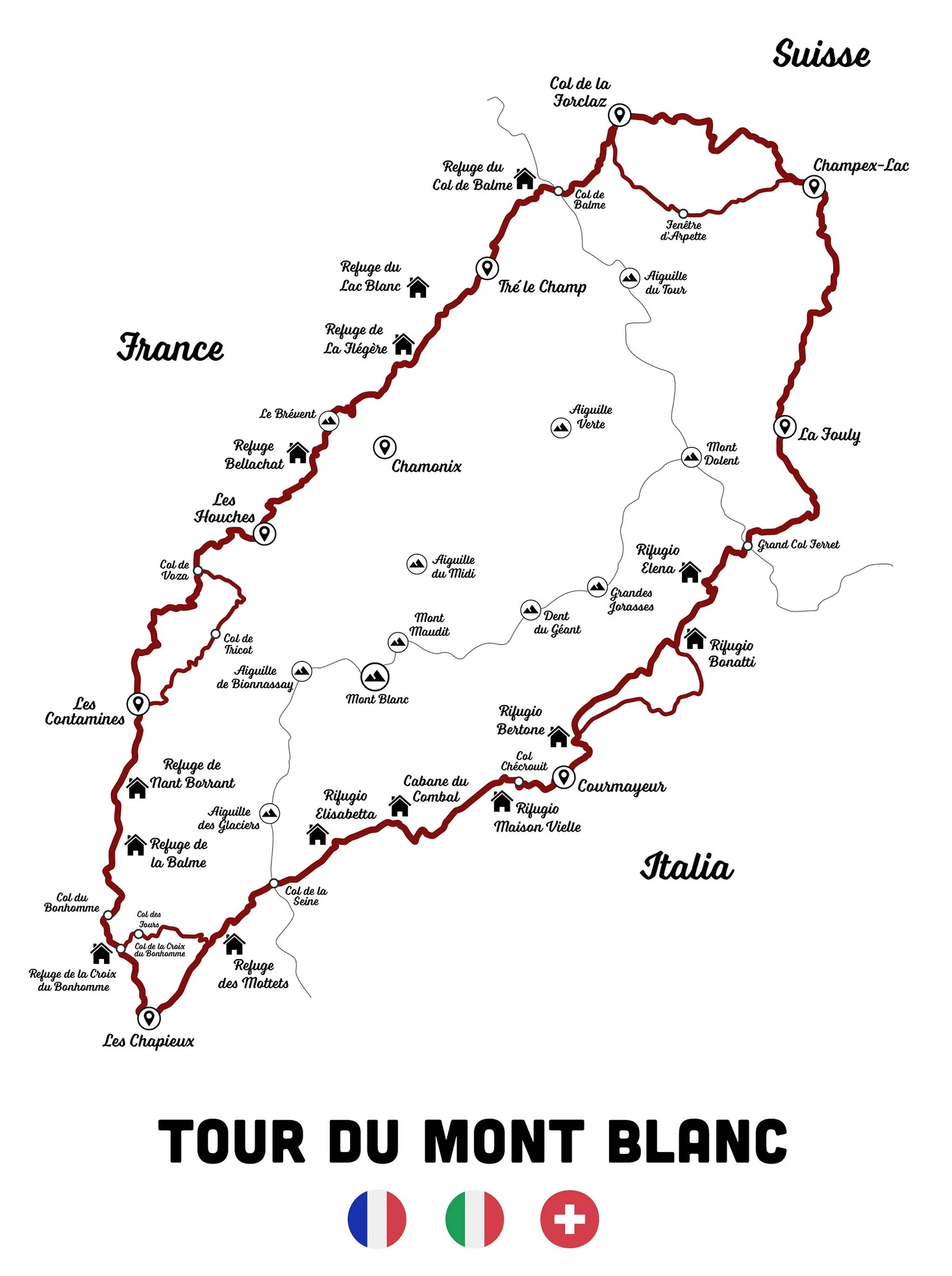 Mapa trasy Tour du Mont Blanc přes Francii, Itálii a Švýcarsko