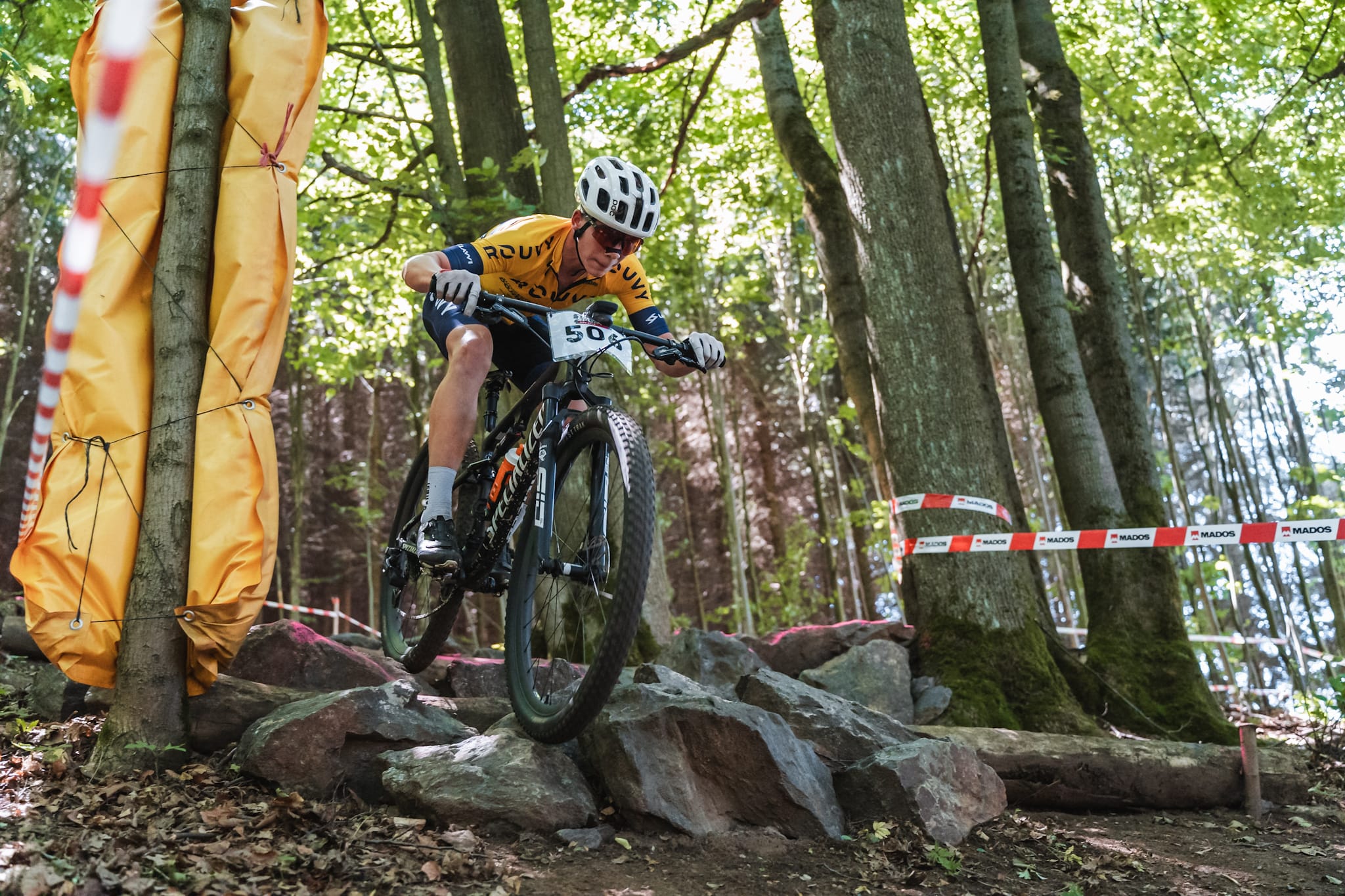 Cyklista ve žlutém dresu s číslem 50 přejíždí kamennou pasáž na trati v bukovém lese